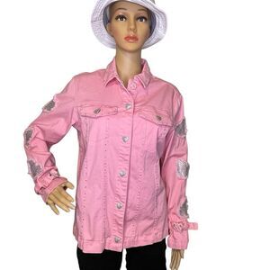Quacker Factory Denim Button Down Jacket  Distressed Rhinestone Hearts Pink S